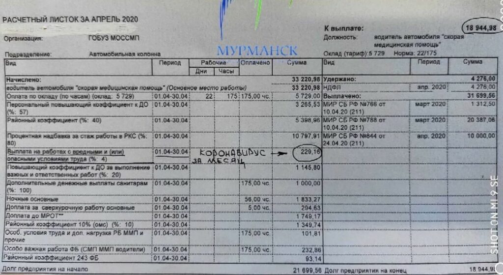Фото расчетный листок заработной платы воспитателя детсада, где помечена доплата за коронавирус.