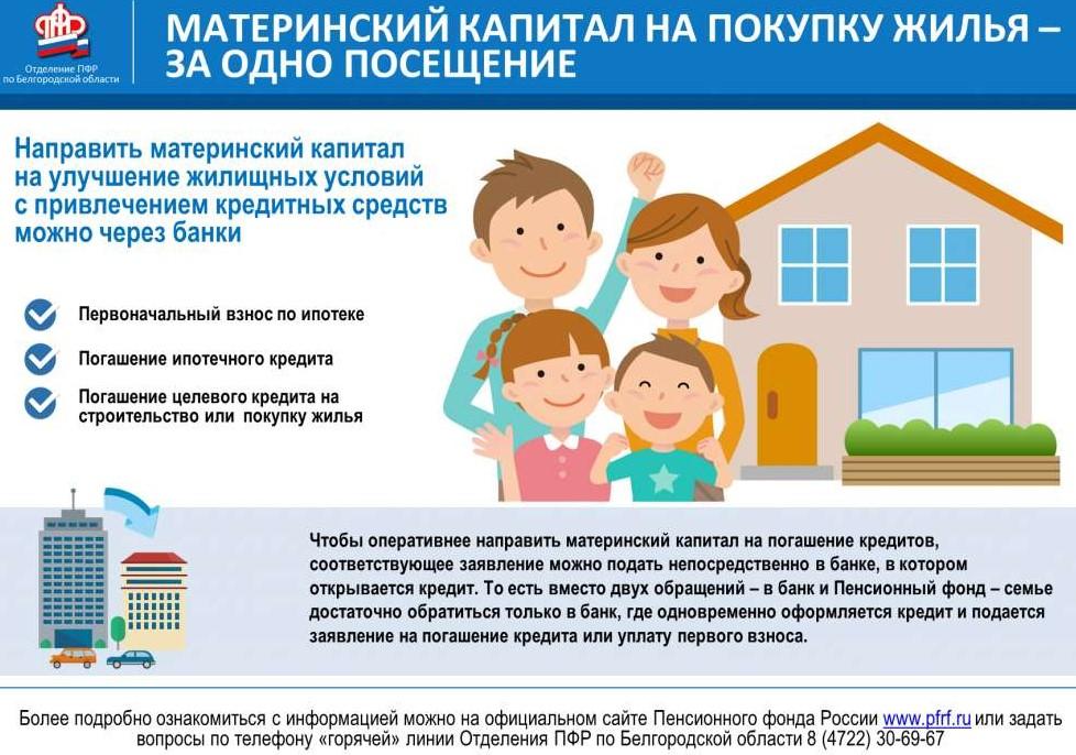 На фото девиз с официального сайта ПФР - пенсионного фонда России: Материнский капитал на покупку жилья за одно посещение.