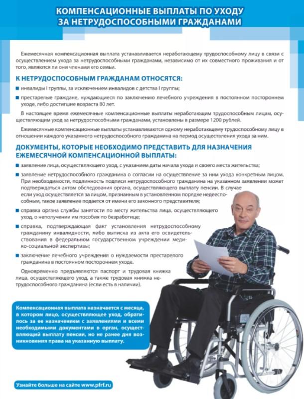 Фото с официального сайта пенсионного фонда, где описаны правила, кому положены компенсационные выплаты по уходу за нетрудоспособными гражданами имеющие инвалидность.