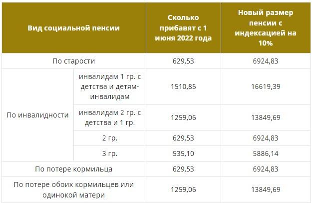 На фото таблице указано, какие виды социальных пенсий будут назначены и проиндексированы в 2022 году.